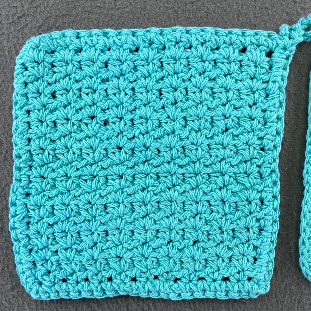 Handmade Crochet Pot Holders Turquoise Cotton Hot Pads Set of 2 Cottagecore Boho